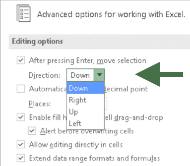 Setting titled After pressing Enter, move selection direction