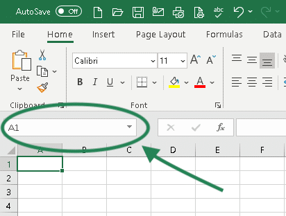 Location of the Name Box on the ribbon toollbar